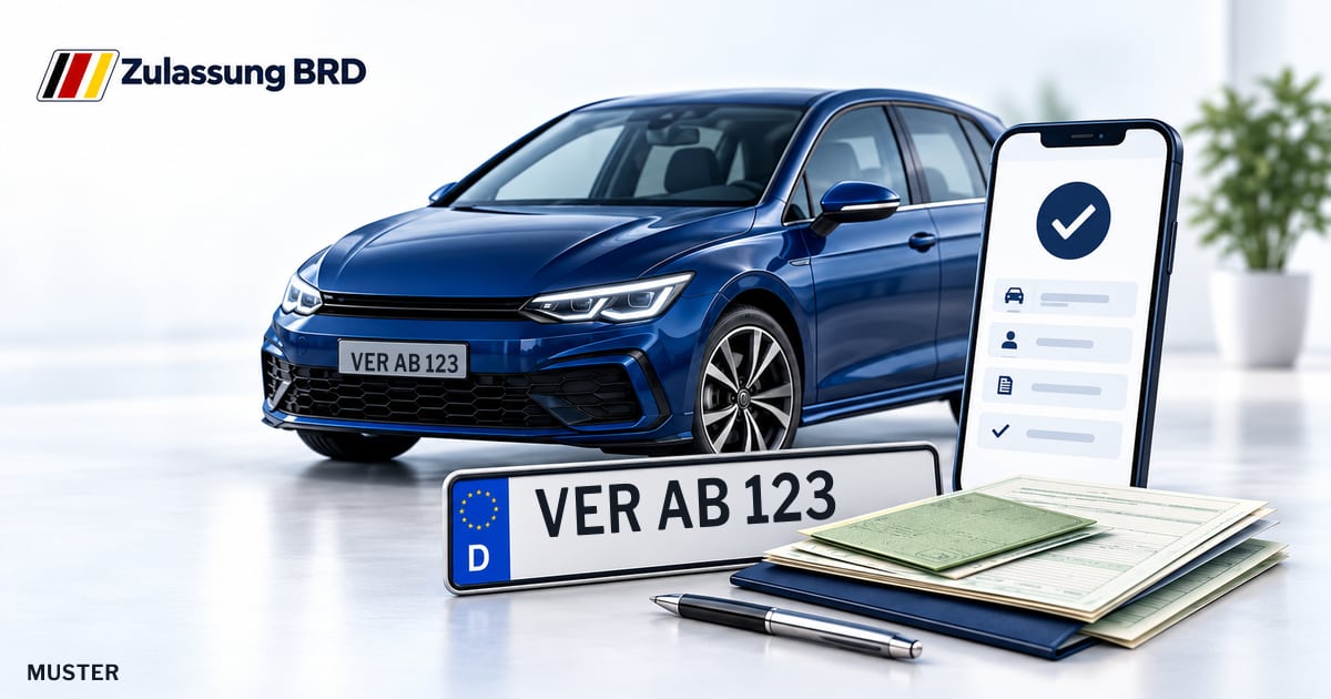 Online Fahrzeugzulassung in Ottersberg: Musterkennzeichen VER AB 123, Auto und Fahrzeugpapiere und Smartphone. Illustration mit Logo von Zulassung BRD.